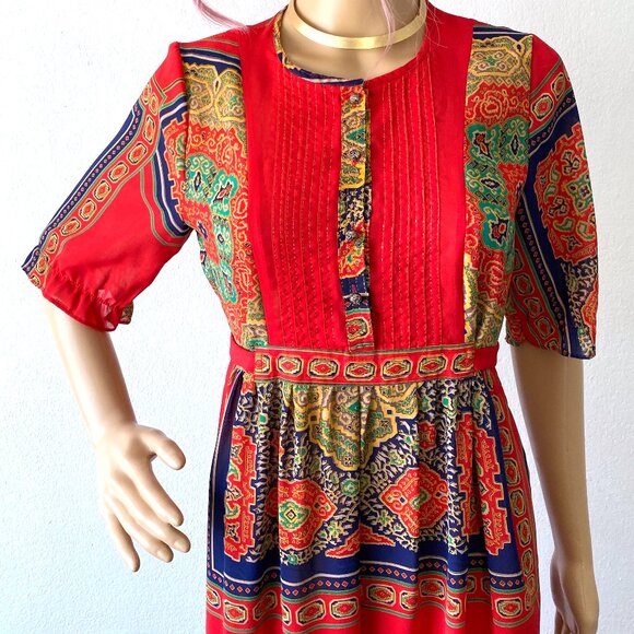 Long Red Bohemian Dress Summer Hippie Multicolored Maxi Dress Tie Back Dress - Picture 3 of 10